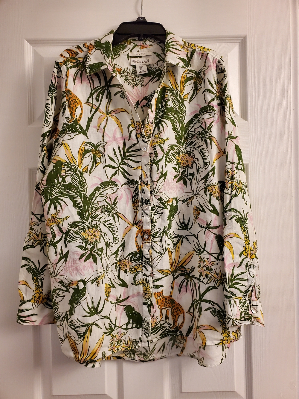 Rachel Zoe White Tropical Button-Down Shirt with Green and Yellow Print L